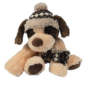 Hugfun Brown Dog Puppy Plush Stuffed Animal With Knit Hat and Scarf 10 Inch